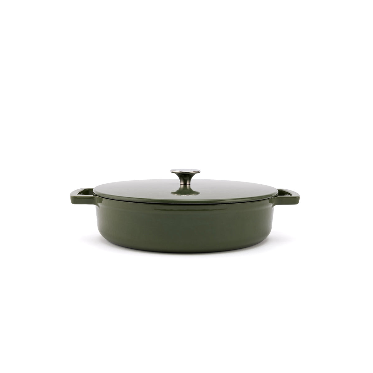 Emaliowany żeliwny niski garnek Ember 28 cm oliwkowozielony