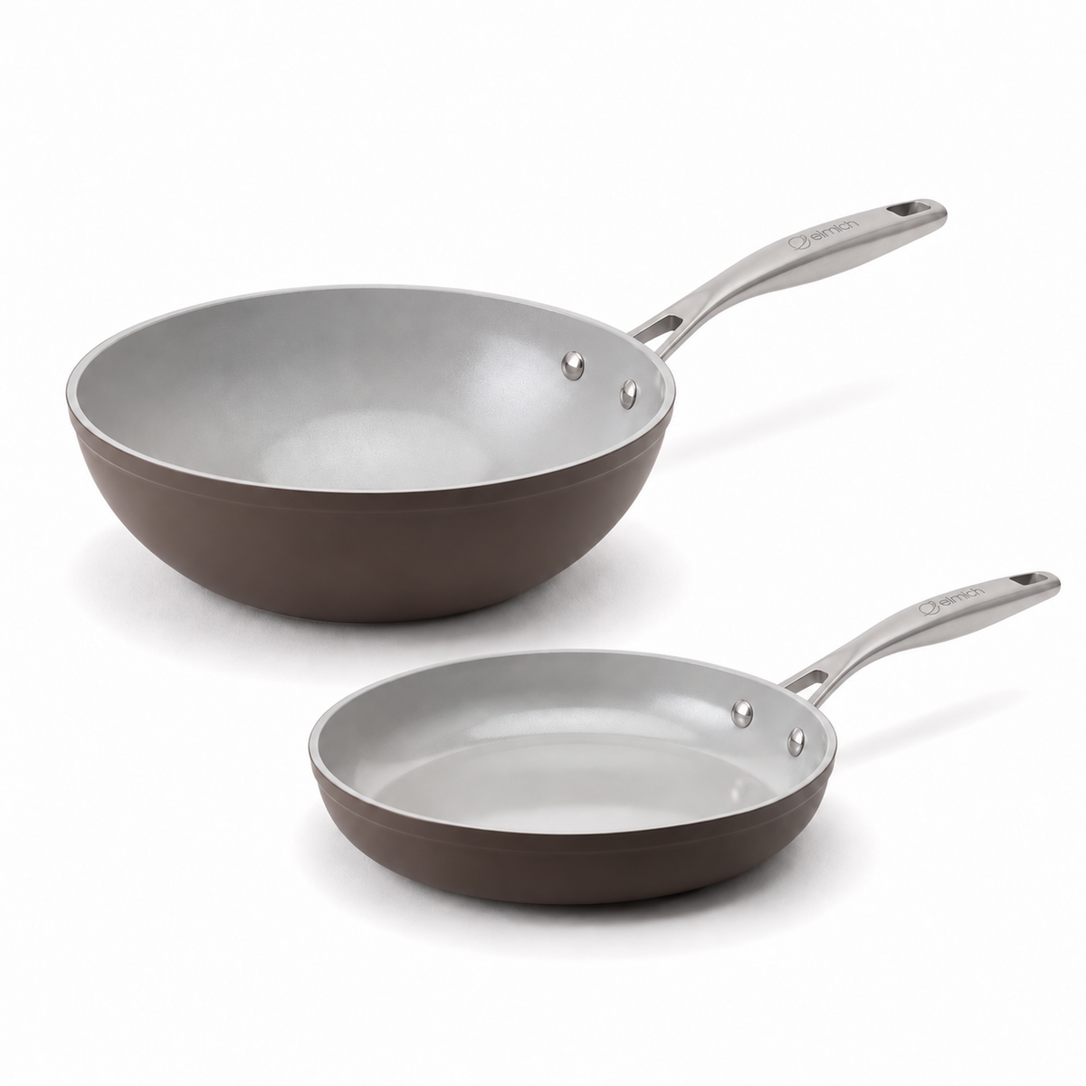 Podstawowy zestaw ceramicznych patelni Zen 2 szt. - klasyczna + wok, brązowy