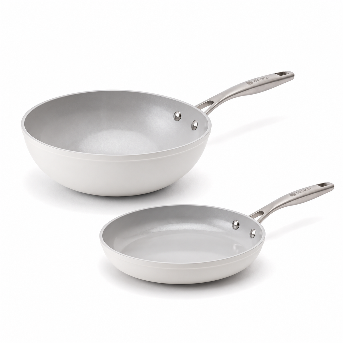 Podstawowy zestaw ceramicznych patelni Zen 2 szt. – klasyczna + wok, kremowobiały