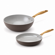 Podstawowy zestaw ceramicznych patelni Zen, 2 szt. - klasyczna + wok, brązowo-złota