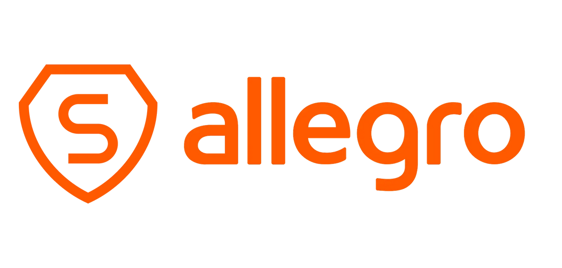 Oranžové logo Allegro s emblémem ve tvaru štítu, uvnitř znak „s“ a název značky v tučném, moderním písmu.