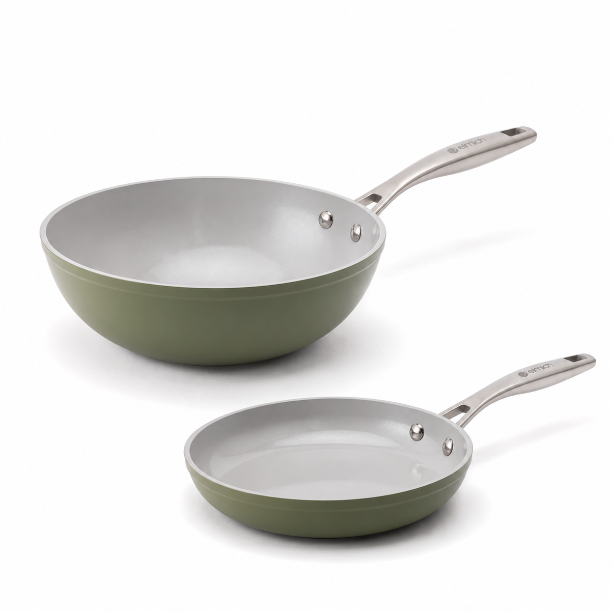 Podstawowy zestaw ceramicznych patelni Zen 2 szt. - klasyczna + wok, oliwkowozielona