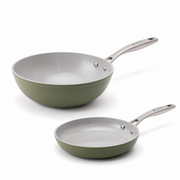 Podstawowy zestaw ceramicznych patelni Zen 2 szt. - klasyczna + wok, oliwkowozielona